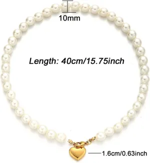 Stainless Steel Imitation Pearl Heart Pendant Necklaces for Women Buckle Heart Necklace Jewelry (gold 1- )