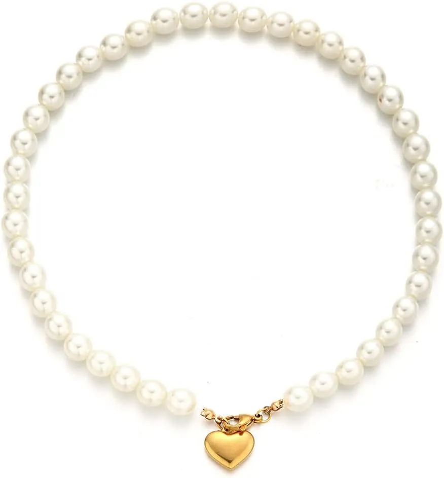 Stainless Steel Imitation Pearl Heart Pendant Necklaces for Women Buckle Heart Necklace Jewelry (gold 1- )