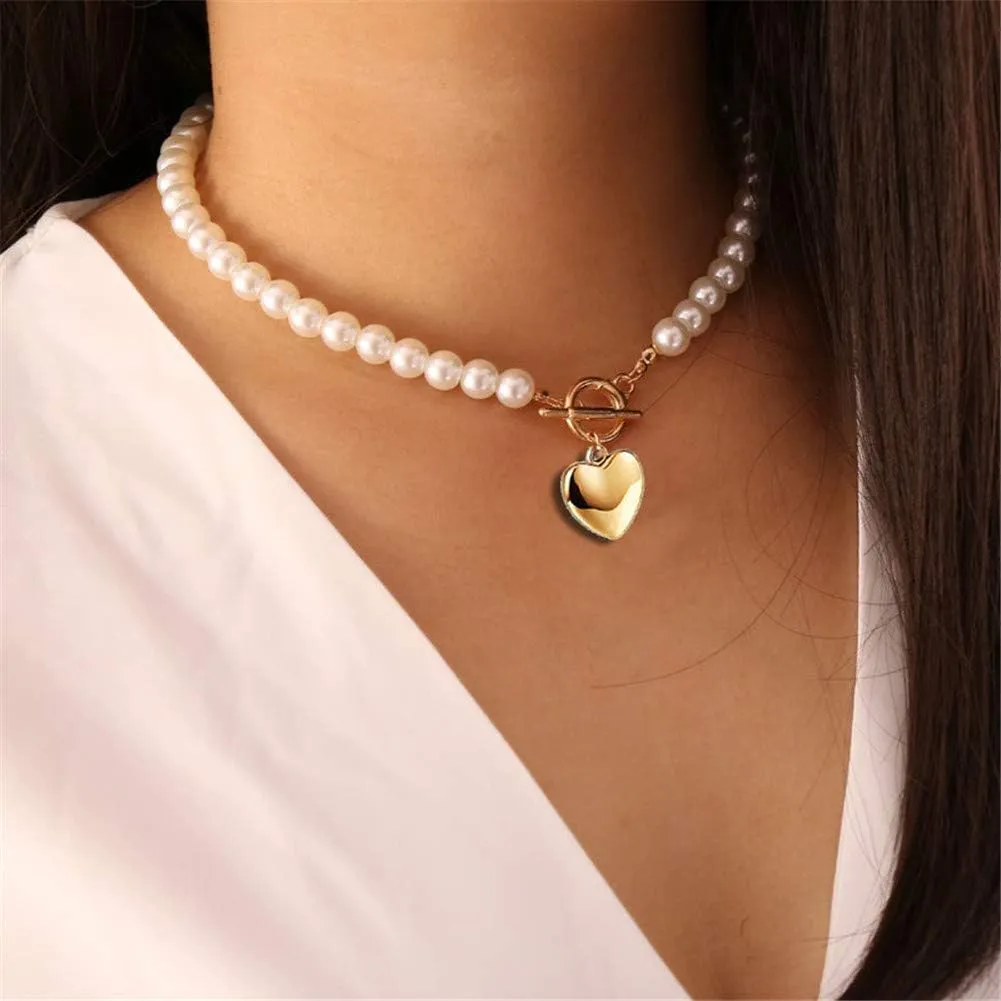 Stainless Steel Imitation Pearl Heart Pendant Necklaces for Women Buckle Heart Necklace Jewelry (gold 1- )