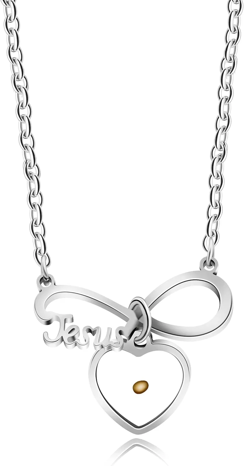 Stainless Steel Jesus Infinity Necklace with Real Mustard Seed Heart Pendant Christ Necklaces for Women Teen Girls Y713