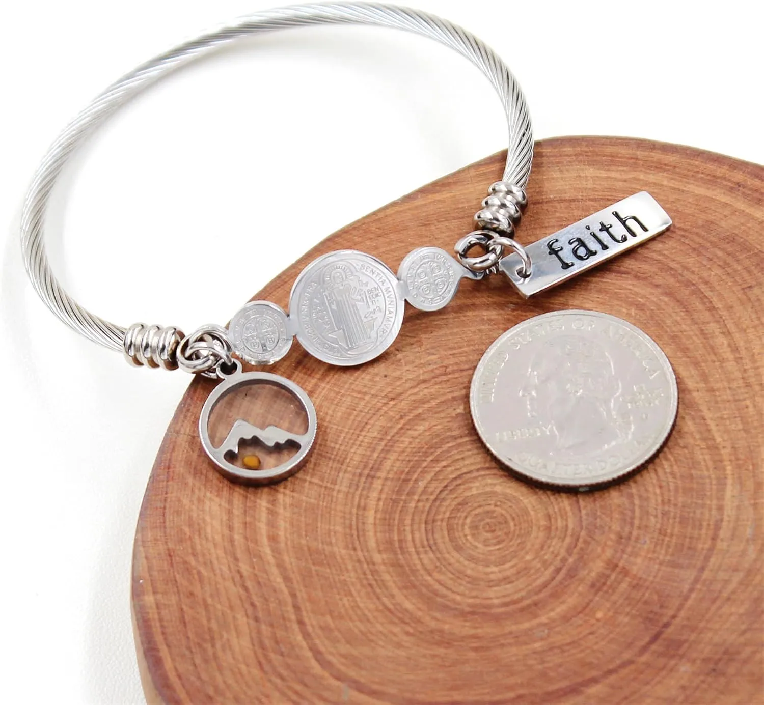 Stainless Steel Twisted Rope Saint Benedict Medal Bangle Bracelets for Men And WomenCross Catholic Religion St. Benedict Bracelet Mustard Seed Faith CSPB Christian Jewelry for Church Prayer