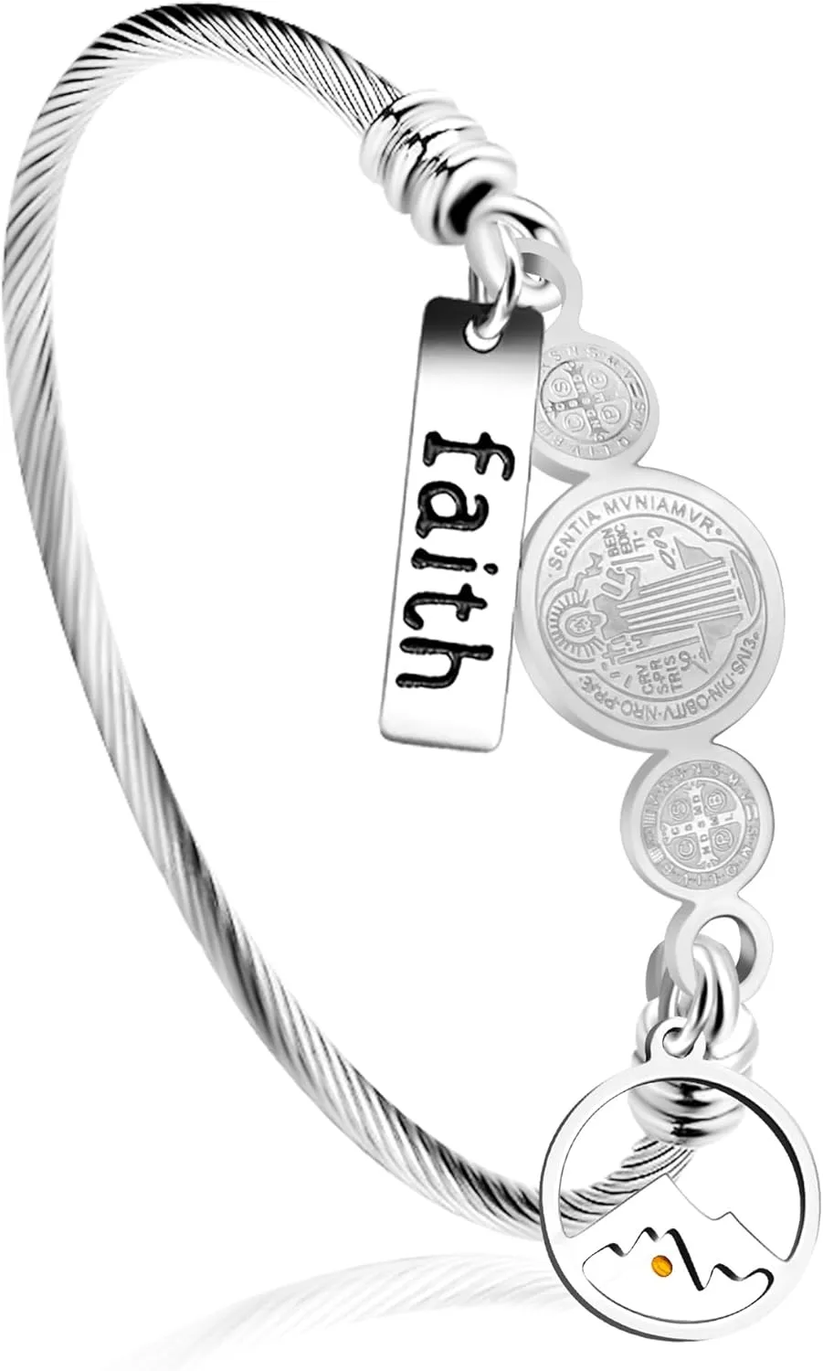 Stainless Steel Twisted Rope Saint Benedict Medal Bangle Bracelets for Men And WomenCross Catholic Religion St. Benedict Bracelet Mustard Seed Faith CSPB Christian Jewelry for Church Prayer