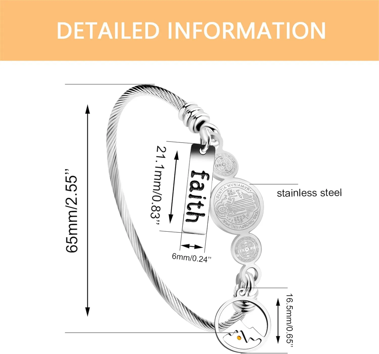Stainless Steel Twisted Rope Saint Benedict Medal Bangle Bracelets for Men And WomenCross Catholic Religion St. Benedict Bracelet Mustard Seed Faith CSPB Christian Jewelry for Church Prayer