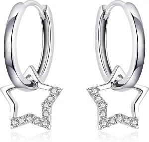 Star Dangle Hoop Earrings,925 Sterling Silver Huggie Hoop Earrings with Sparkling CZ Star Charms Hypoallergenic Jewelry Gift for Women