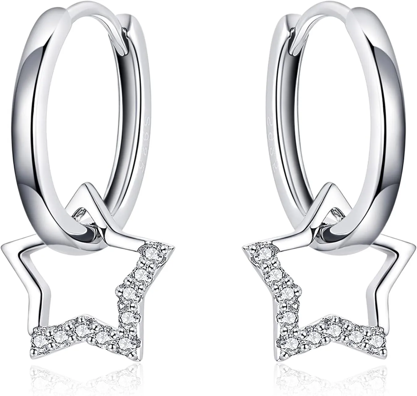 Star Dangle Hoop Earrings,925 Sterling Silver Huggie Hoop Earrings with Sparkling CZ Star Charms Hypoallergenic Jewelry Gift for Women