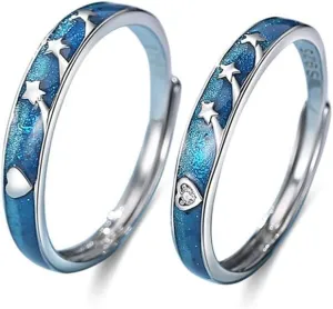 Star Promise Rings for Couple Starry Sky Couples Matching S925 Sterling Silver Ring for Him and Her Crystal Adjustable Engagement Marry Wedding Band Xmas Anniversary Valentine's Day Gift for Women Men