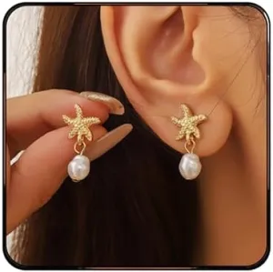 Starfish Charm Earrings for Women Daisy Mini Sea Star Shell Pearl Stud Earrings Hypoallergenic Lightweight Gold Starfish Pearl Dangle Drop Earrings Trendy Summer Statement Jewelry