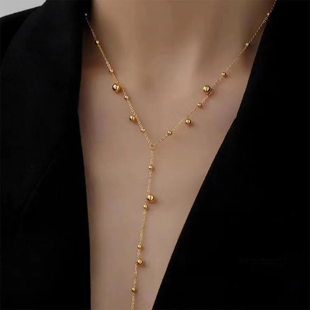 Statement Long Lariat Y Necklace for Women Trendy, Exquisite Simple Gold Pearl Beaded Layered Chain Y-Shaped Pendant Necklace Prom Party Jewelry Gift