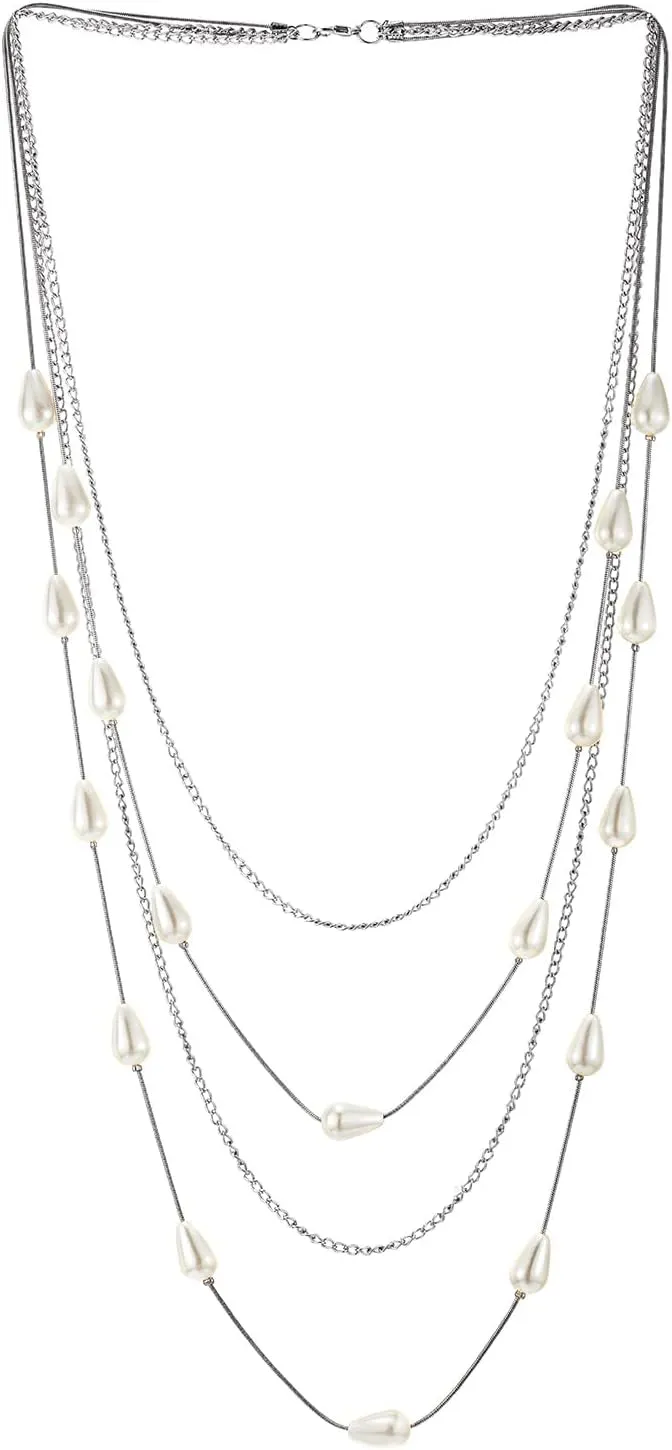 Statement Necklace Layered, Multi-Strand Waterfall Long Chains with Teardrop White Pearl, Dress Party