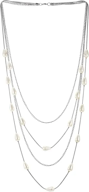 Statement Necklace Layered, Multi-Strand Waterfall Long Chains with Teardrop White Pearl, Dress Party