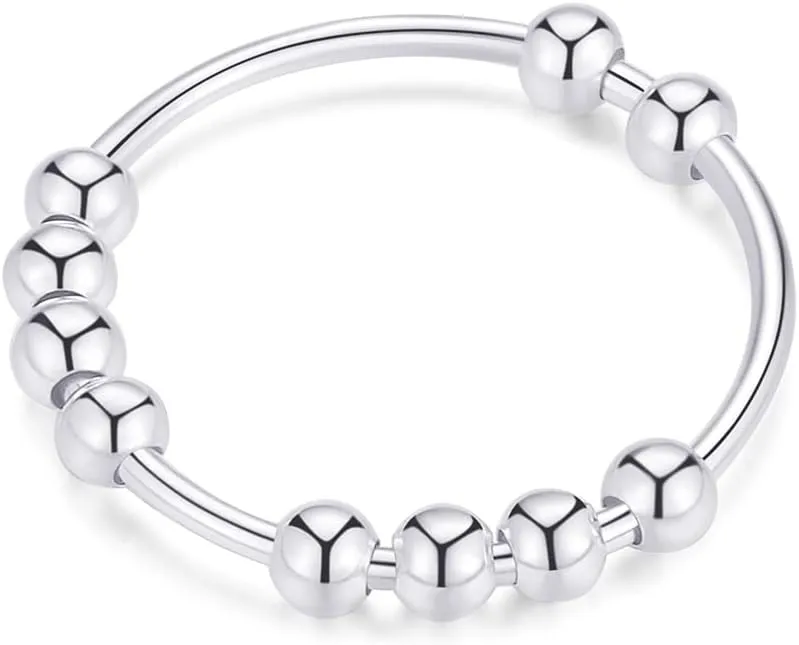Sterling Silver Anxiety Rings Fidget Ring for Women & Men Silver/Gold Thumb Rings with Beads Spinning Spinner Ring Stress Relief Anxiety Fidget Jewelry Ideal Gift, Size