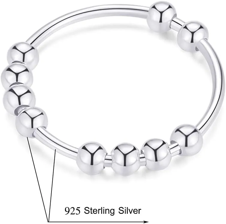 Sterling Silver Anxiety Rings Fidget Ring for Women & Men Silver/Gold Thumb Rings with Beads Spinning Spinner Ring Stress Relief Anxiety Fidget Jewelry Ideal Gift, Size