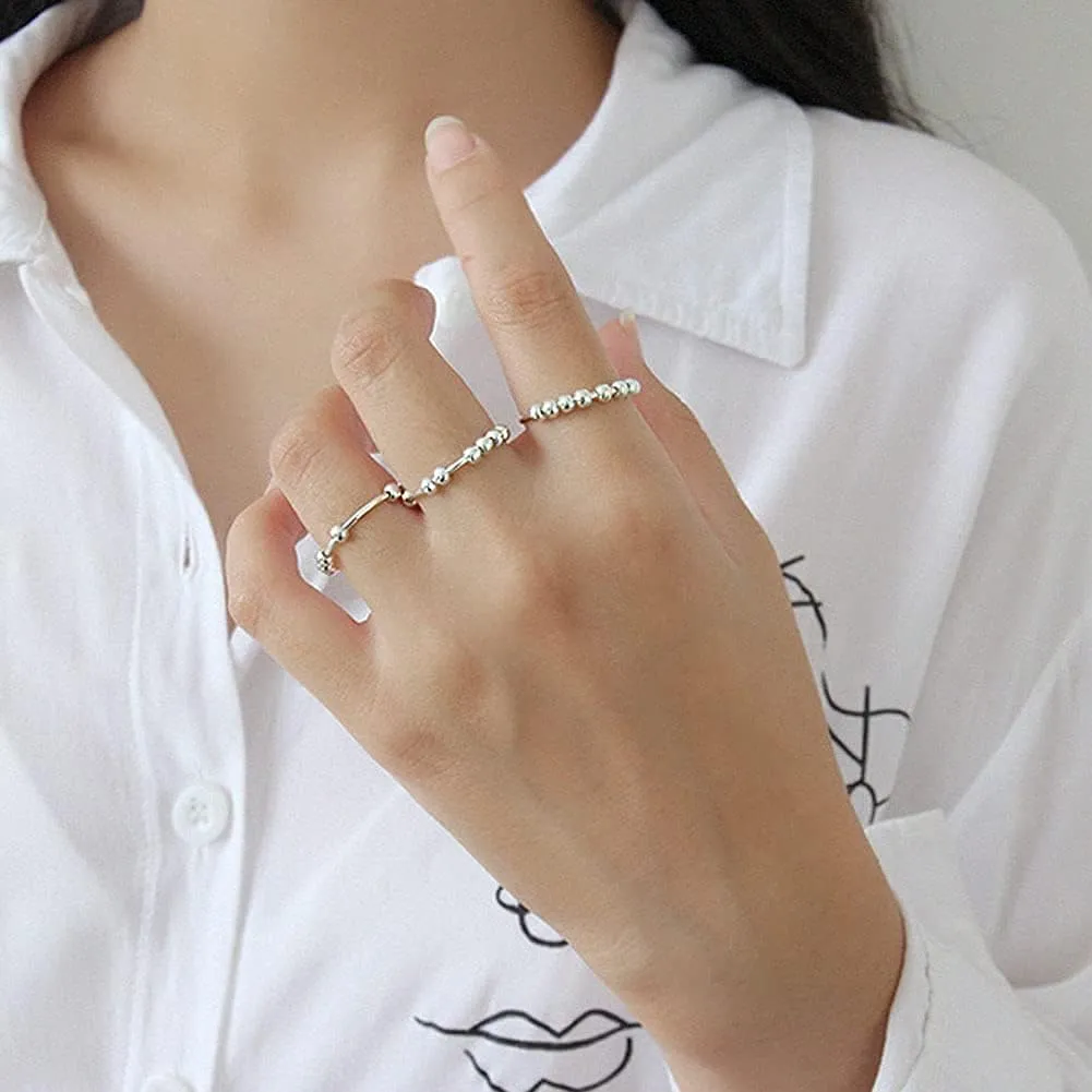 Sterling Silver Anxiety Rings Fidget Ring for Women & Men Silver/Gold Thumb Rings with Beads Spinning Spinner Ring Stress Relief Anxiety Fidget Jewelry Ideal Gift, Size