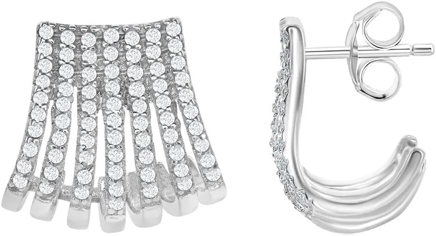 Sterling Silver Clear Classy Curved Rows CZ Cuff Stud Earrings