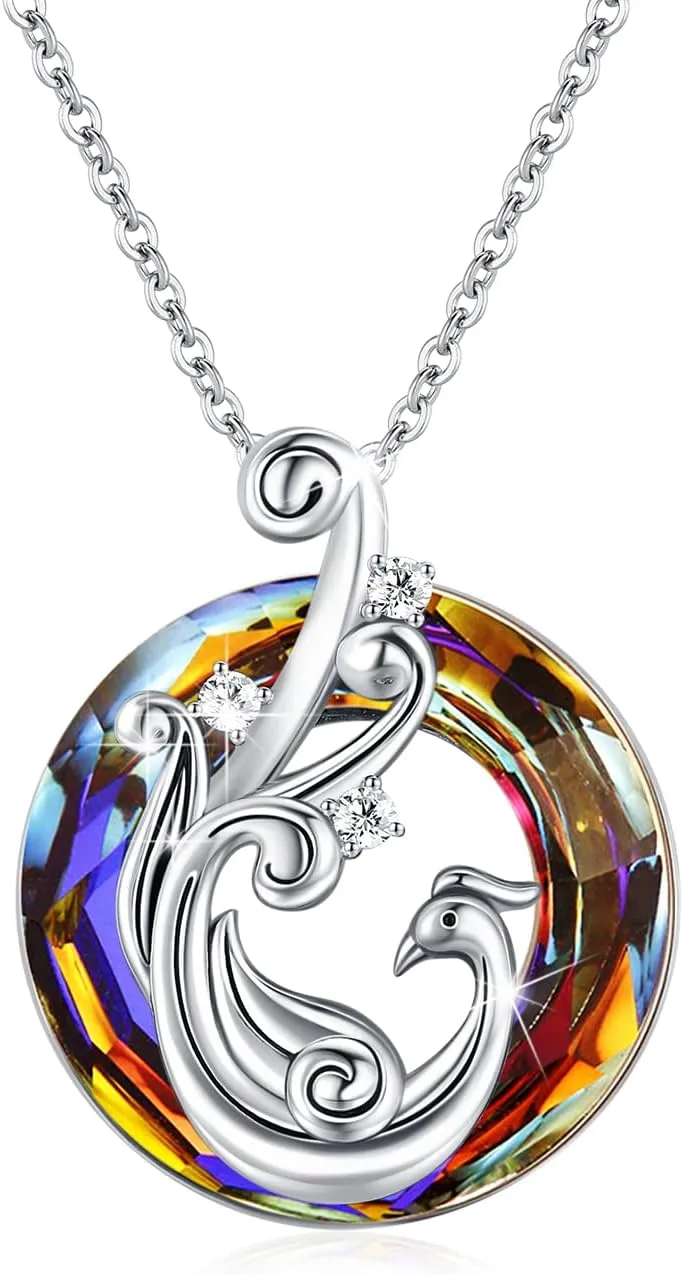 Sterling Silver Phoenix/Peacock Necklace for Women Crystal Moonstone Abalone Shell Animal Pendant Necklace Exquisite Jewelry Birthday Valentine's Day Mother's Day Gift