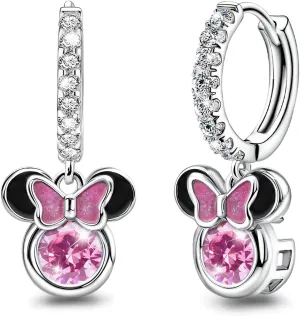 Sterling Silver Pink CZ Mouse Dangle Hoop Earrings - Sparkling Mini Cute Bow Earrings - Minnie Animal Princess Huggie Jewelry Gifts for Women or Daughter Birthday