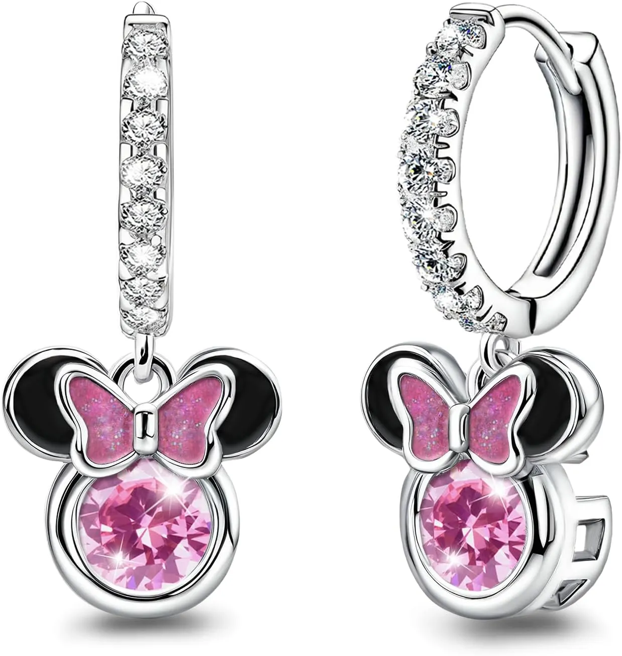 Sterling Silver Pink CZ Mouse Dangle Hoop Earrings - Sparkling Mini Cute Bow Earrings - Minnie Animal Princess Huggie Jewelry Gifts for Women or Daughter Birthday