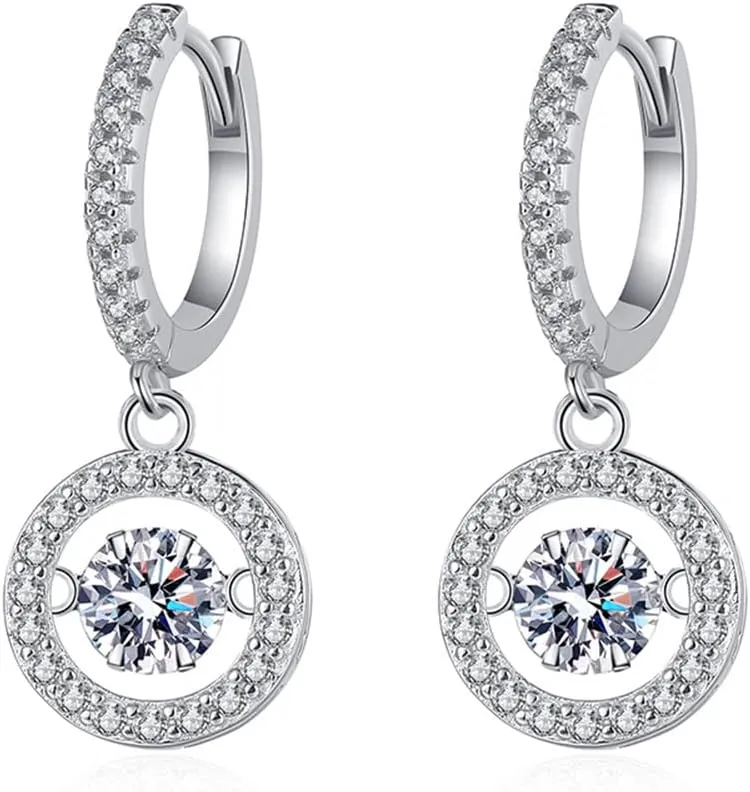 Sterling Silver Plated Platinum Drop Earrings, D Color Round Moissanite Dangle Sparkling Jewelry Gifts for Women