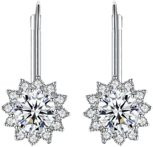 Sterling Silver Plated Platinum Sunflower Drop Earrings, D-Color 2 Ct (1 Pair) Moissanite Earrings,Sparkling Jewelry Gifts for Women