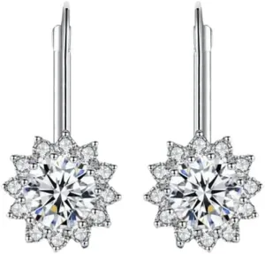 Sterling Silver Plated Platinum Sunflower Drop Earrings, D-Color 2 Ct (1 Pair) Moissanite Earrings,Sparkling Jewelry Gifts for Women