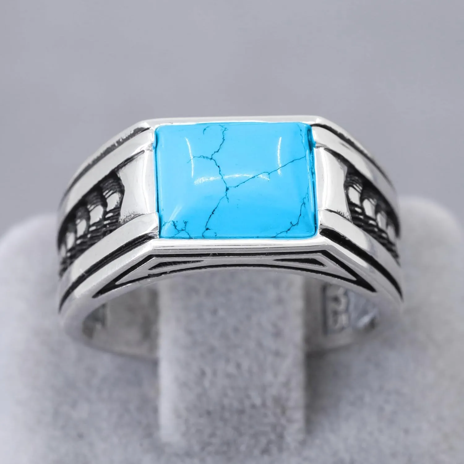 Sterling Silver Rings for Men with Arrow Pattern, Anillos para Hombre, Mens Rings with Gemtone, Handmade Sterling Silver Rings with Onyx, Turquoise and Tiger Eye Gemstone