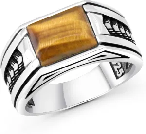 Sterling Silver Rings for Men with Arrow Pattern, Anillos para Hombre, Mens Rings with Gemtone, Handmade Sterling Silver Rings with Onyx, Turquoise and Tiger Eye Gemstone