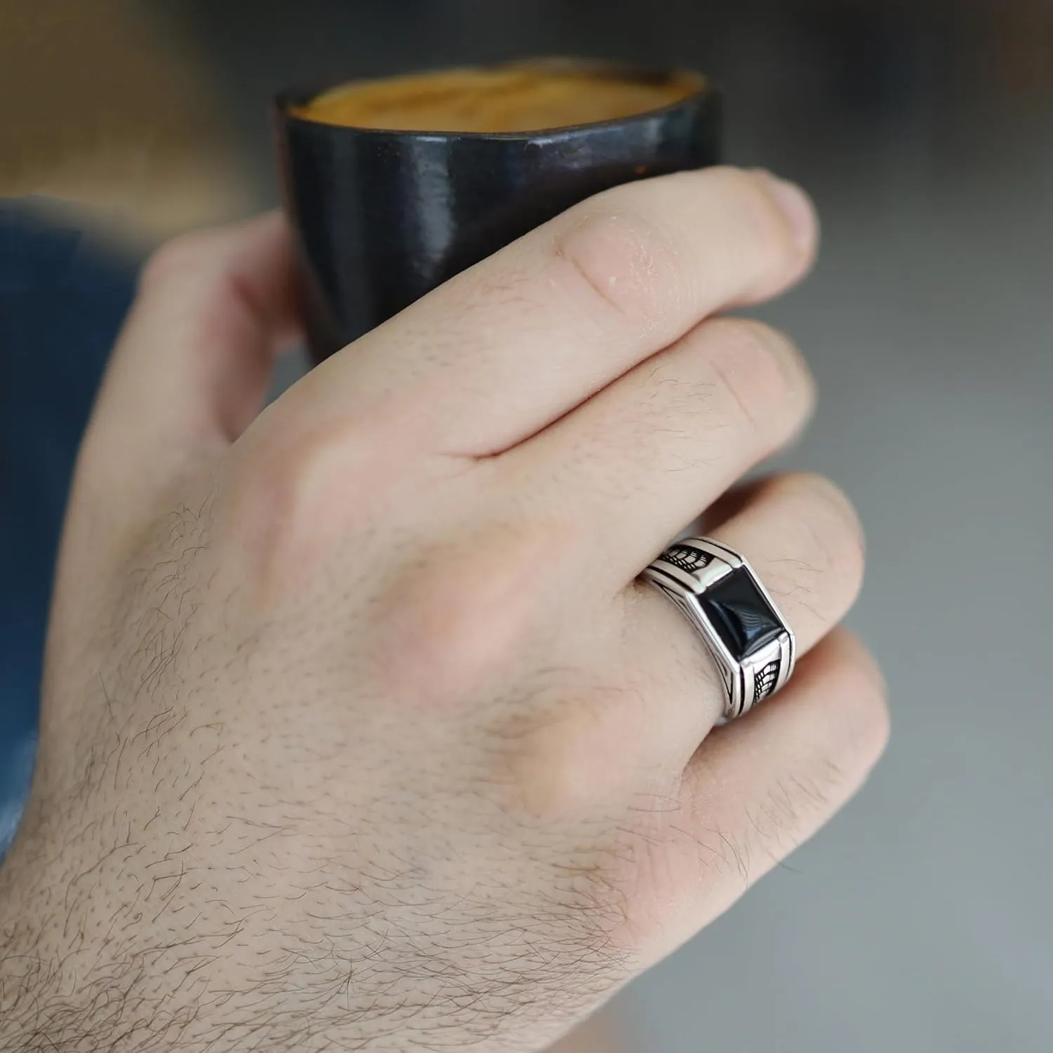 Sterling Silver Rings for Men with Arrow Pattern, Anillos para Hombre, Mens Rings with Gemtone, Handmade Sterling Silver Rings with Onyx, Turquoise and Tiger Eye Gemstone