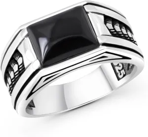 Sterling Silver Rings for Men with Arrow Pattern, Anillos para Hombre, Mens Rings with Gemtone, Handmade Sterling Silver Rings with Onyx, Turquoise and Tiger Eye Gemstone