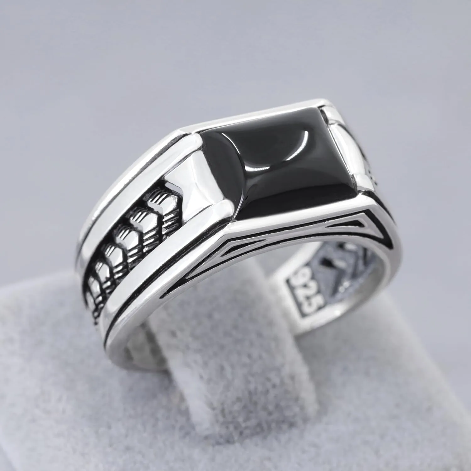 Sterling Silver Rings for Men with Arrow Pattern, Anillos para Hombre, Mens Rings with Gemtone, Handmade Sterling Silver Rings with Onyx, Turquoise and Tiger Eye Gemstone