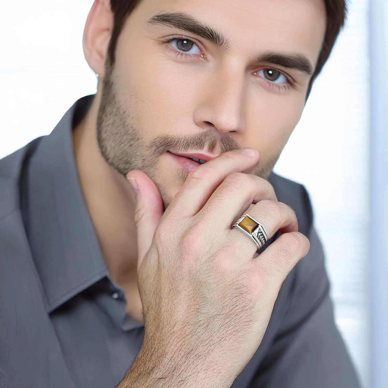 Sterling Silver Rings for Men with Arrow Pattern, Anillos para Hombre, Mens Rings with Gemtone, Handmade Sterling Silver Rings with Onyx, Turquoise and Tiger Eye Gemstone