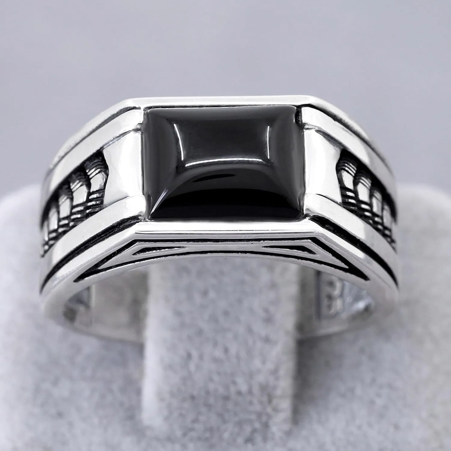 Sterling Silver Rings for Men with Arrow Pattern, Anillos para Hombre, Mens Rings with Gemtone, Handmade Sterling Silver Rings with Onyx, Turquoise and Tiger Eye Gemstone