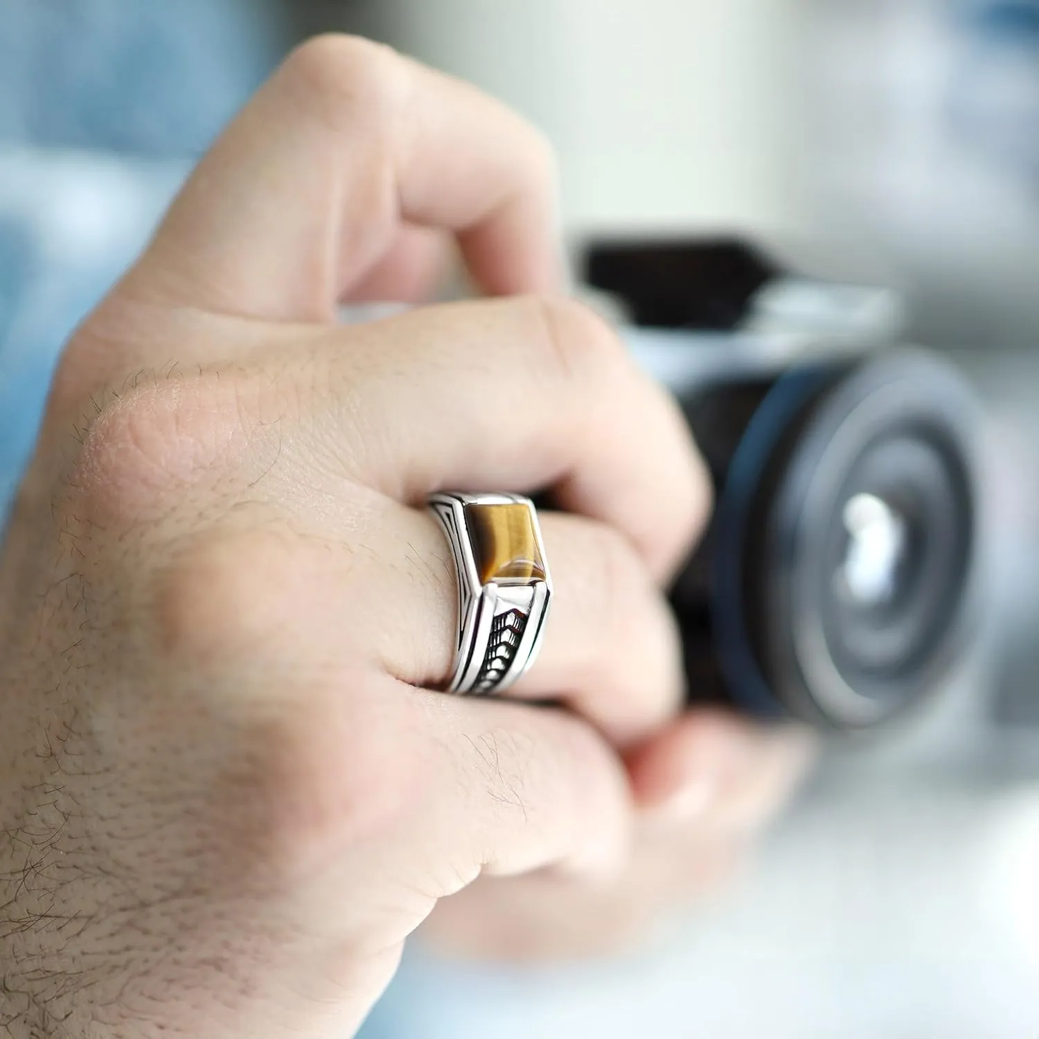 Sterling Silver Rings for Men with Arrow Pattern, Anillos para Hombre, Mens Rings with Gemtone, Handmade Sterling Silver Rings with Onyx, Turquoise and Tiger Eye Gemstone