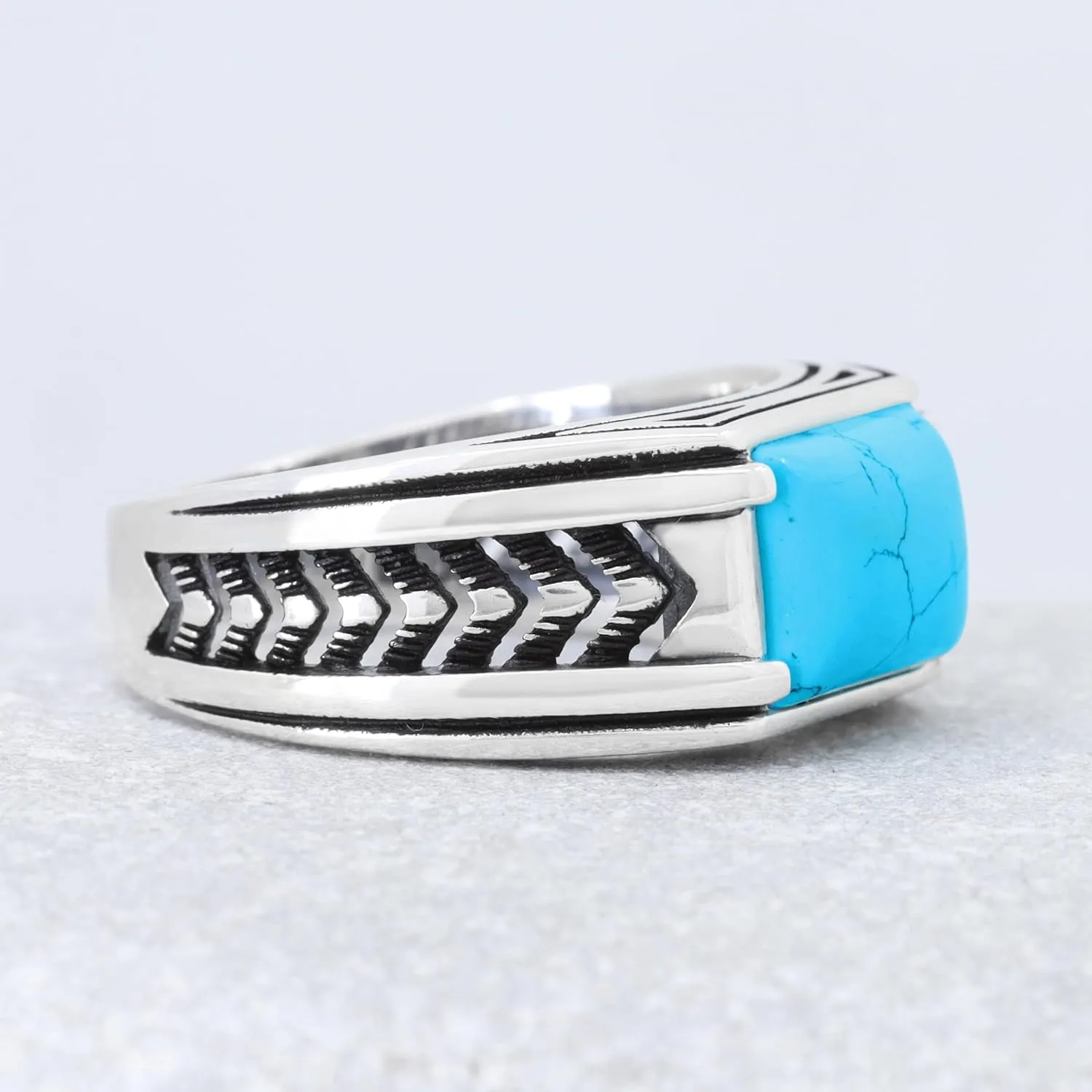Sterling Silver Rings for Men with Arrow Pattern, Anillos para Hombre, Mens Rings with Gemtone, Handmade Sterling Silver Rings with Onyx, Turquoise and Tiger Eye Gemstone