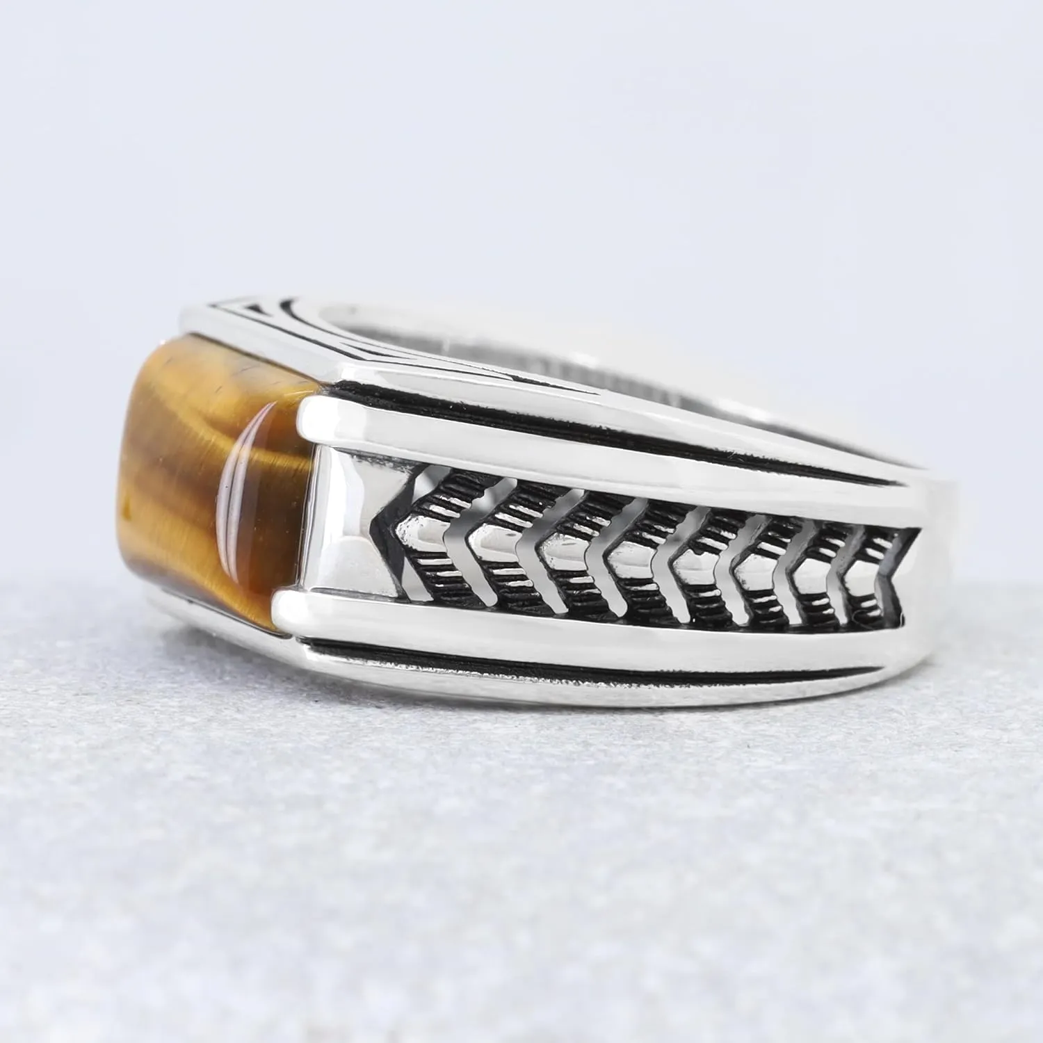 Sterling Silver Rings for Men with Arrow Pattern, Anillos para Hombre, Mens Rings with Gemtone, Handmade Sterling Silver Rings with Onyx, Turquoise and Tiger Eye Gemstone