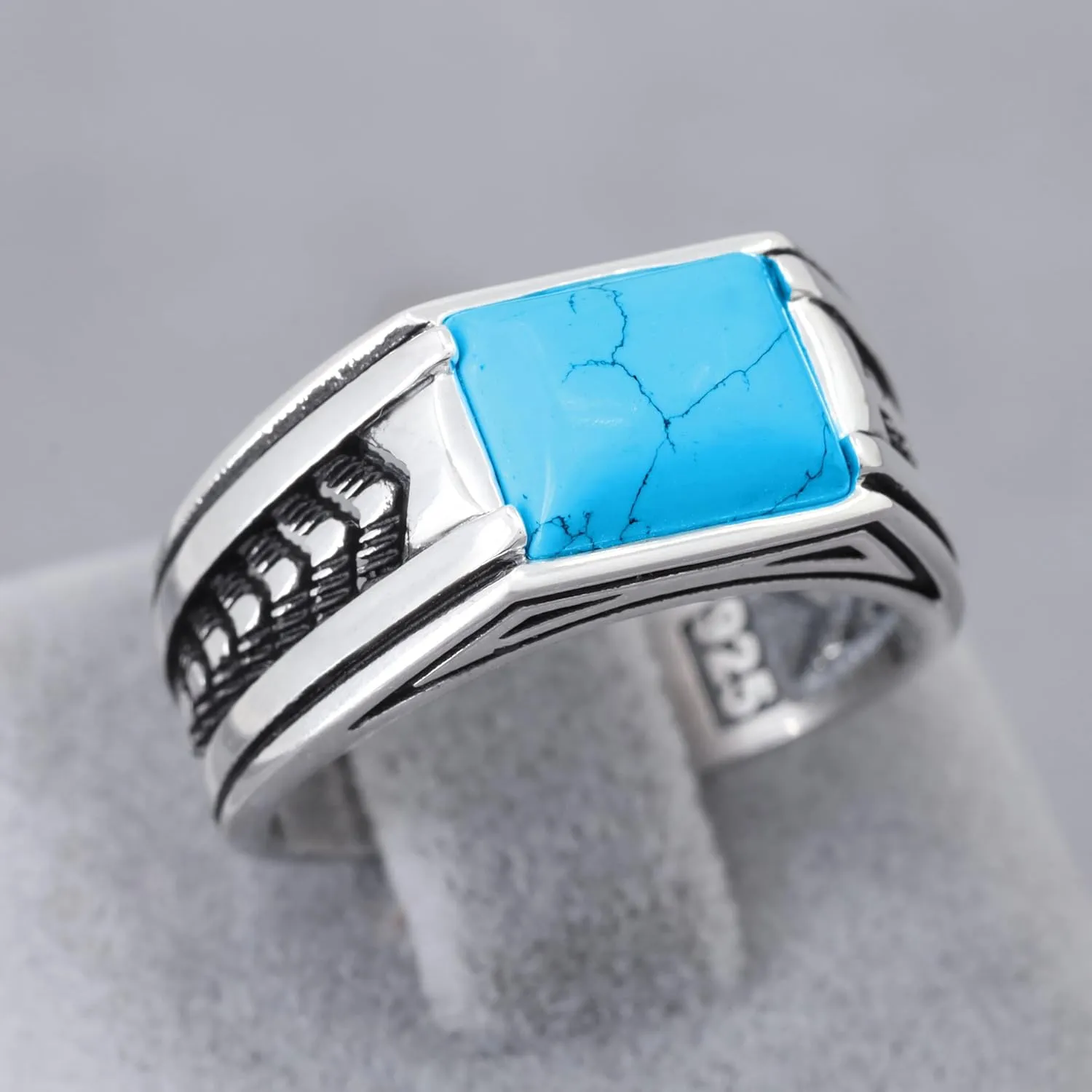 Sterling Silver Rings for Men with Arrow Pattern, Anillos para Hombre, Mens Rings with Gemtone, Handmade Sterling Silver Rings with Onyx, Turquoise and Tiger Eye Gemstone