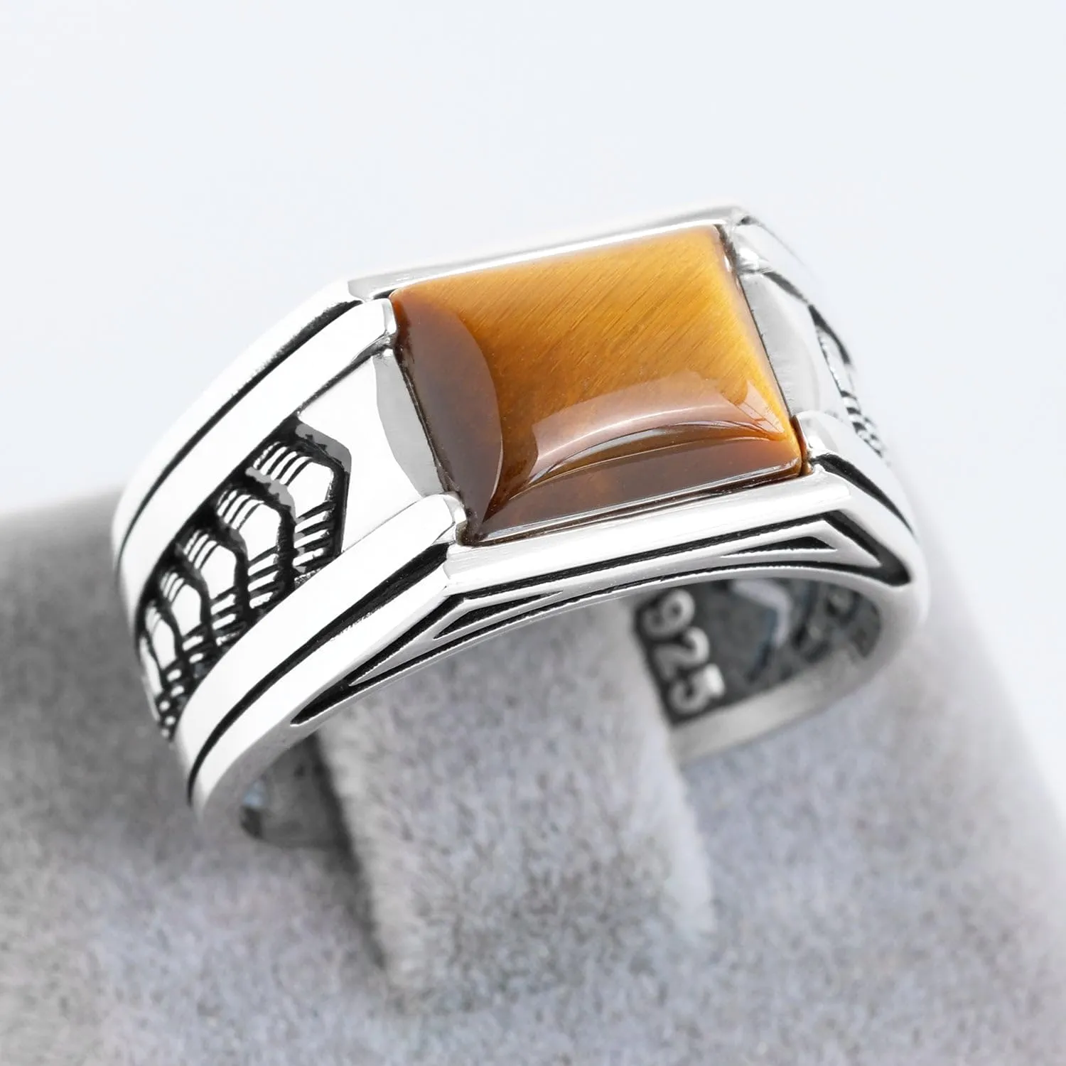 Sterling Silver Rings for Men with Arrow Pattern, Anillos para Hombre, Mens Rings with Gemtone, Handmade Sterling Silver Rings with Onyx, Turquoise and Tiger Eye Gemstone