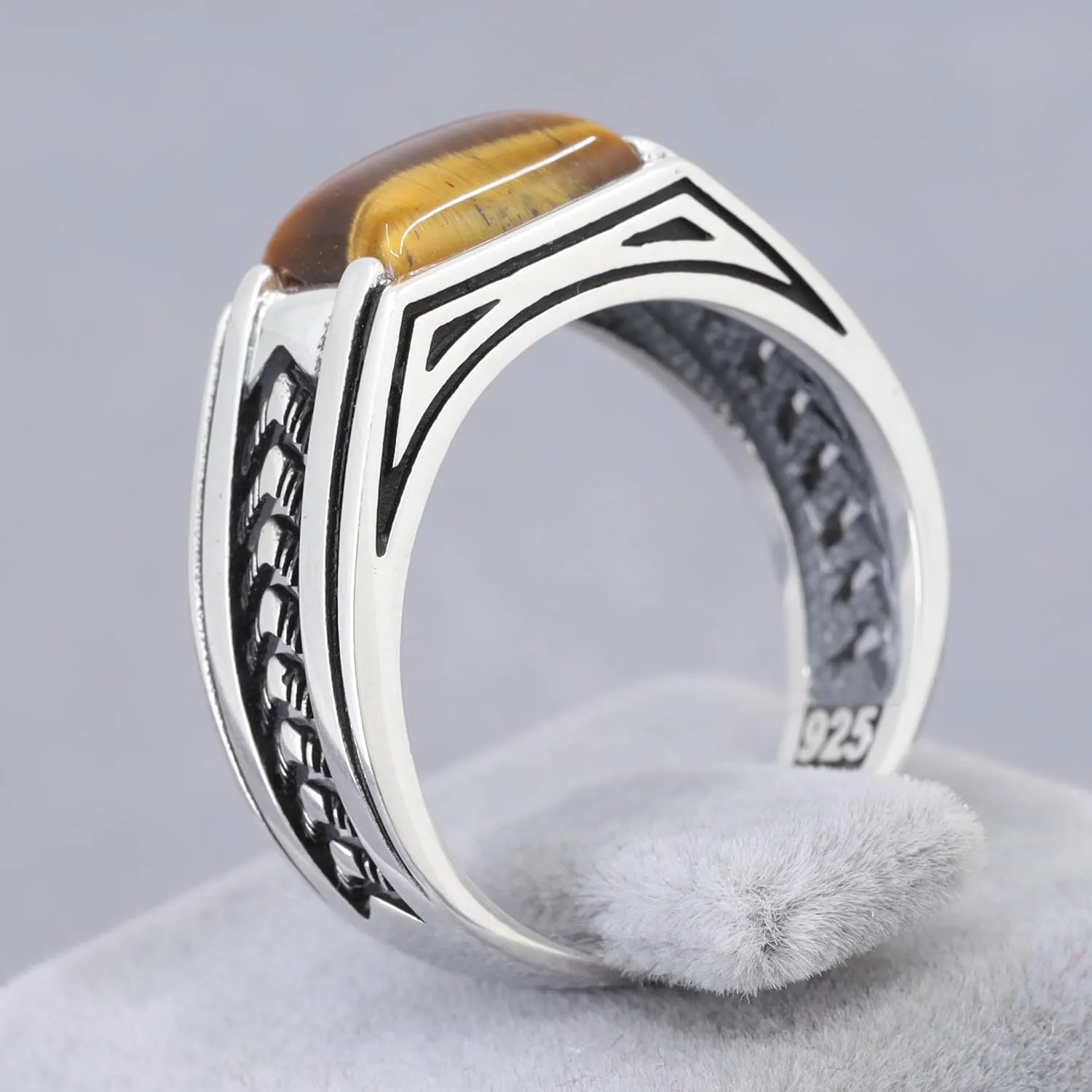 Sterling Silver Rings for Men with Arrow Pattern, Anillos para Hombre, Mens Rings with Gemtone, Handmade Sterling Silver Rings with Onyx, Turquoise and Tiger Eye Gemstone