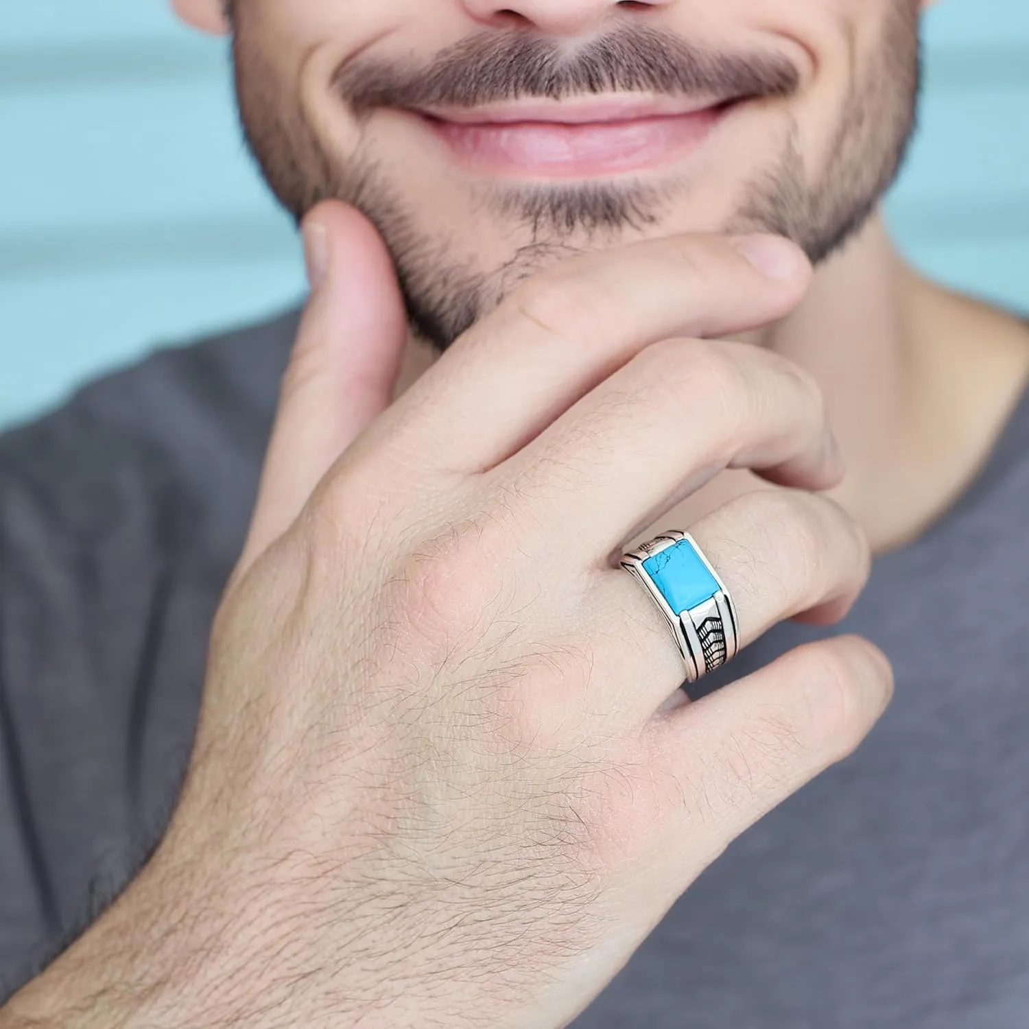 Sterling Silver Rings for Men with Arrow Pattern, Anillos para Hombre, Mens Rings with Gemtone, Handmade Sterling Silver Rings with Onyx, Turquoise and Tiger Eye Gemstone