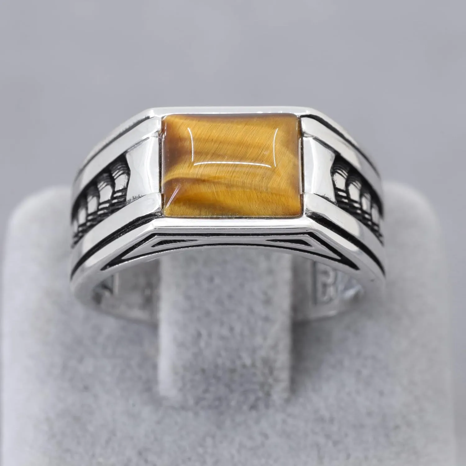 Sterling Silver Rings for Men with Arrow Pattern, Anillos para Hombre, Mens Rings with Gemtone, Handmade Sterling Silver Rings with Onyx, Turquoise and Tiger Eye Gemstone