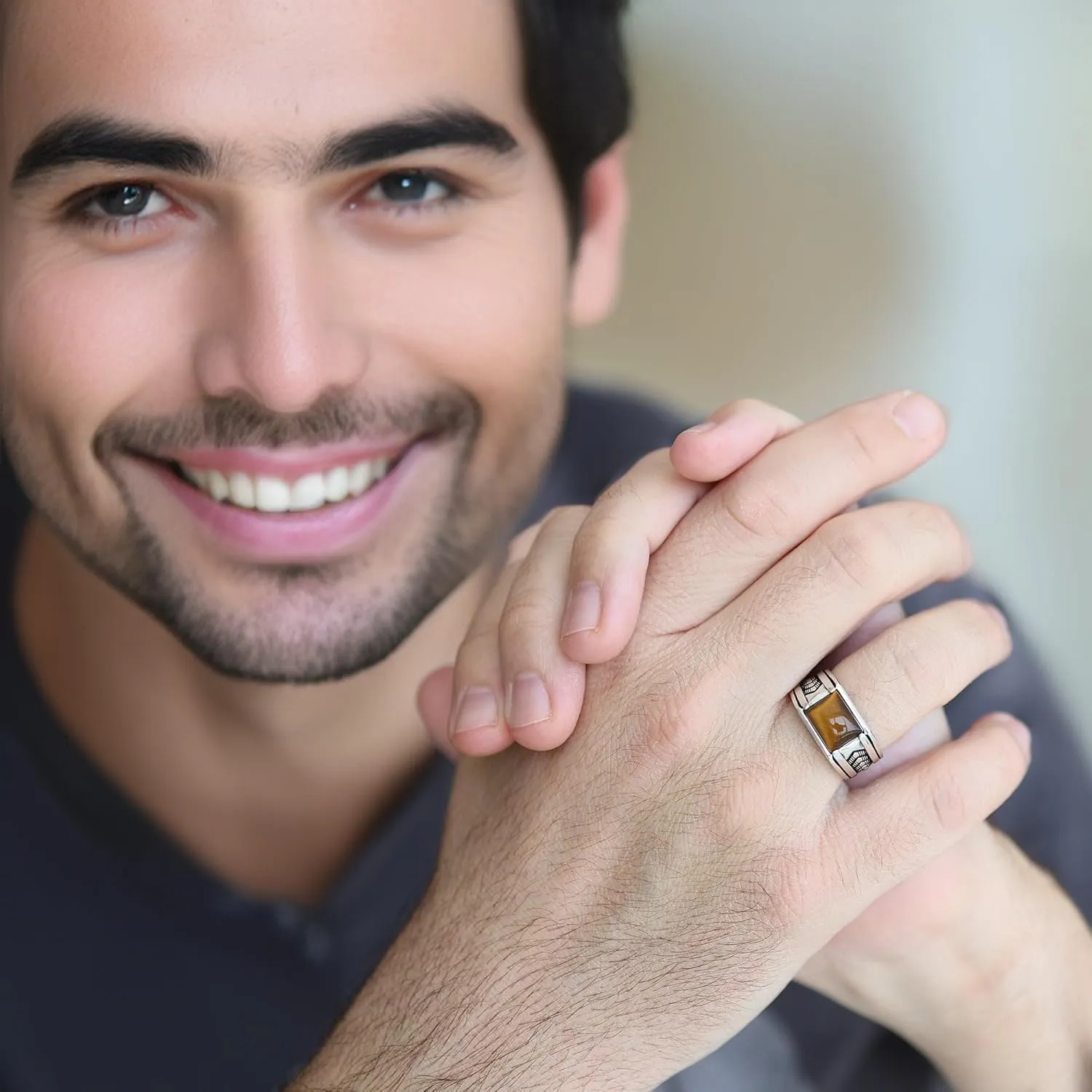Sterling Silver Rings for Men with Arrow Pattern, Anillos para Hombre, Mens Rings with Gemtone, Handmade Sterling Silver Rings with Onyx, Turquoise and Tiger Eye Gemstone