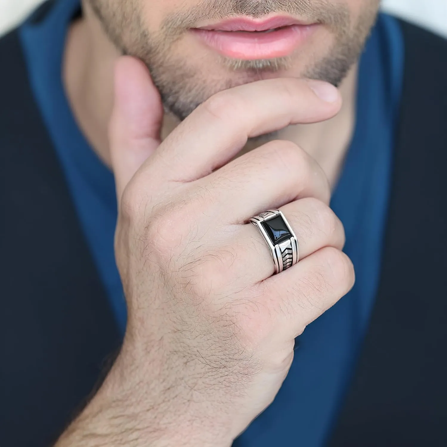 Sterling Silver Rings for Men with Arrow Pattern, Anillos para Hombre, Mens Rings with Gemtone, Handmade Sterling Silver Rings with Onyx, Turquoise and Tiger Eye Gemstone