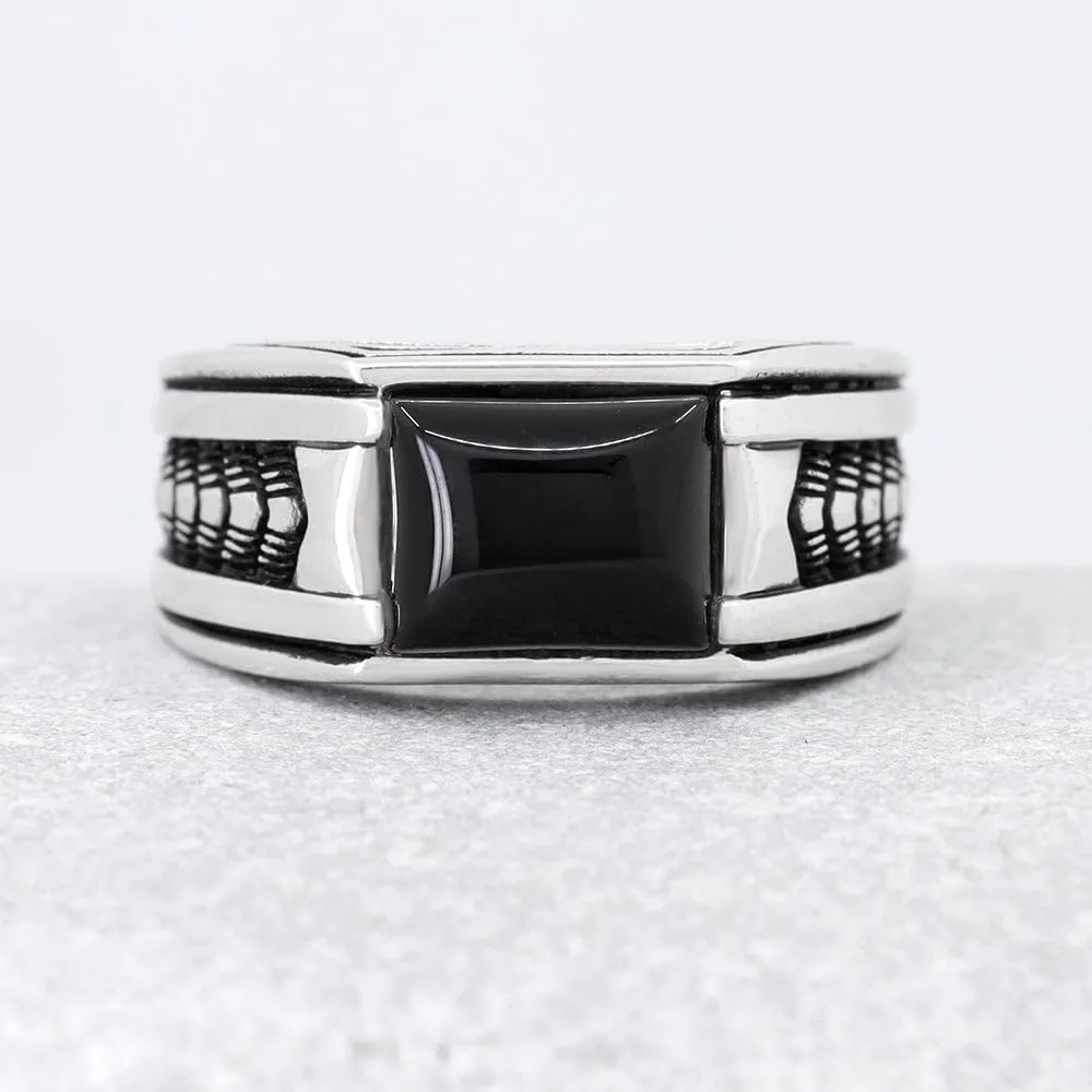 Sterling Silver Rings for Men with Arrow Pattern, Anillos para Hombre, Mens Rings with Gemtone, Handmade Sterling Silver Rings with Onyx, Turquoise and Tiger Eye Gemstone