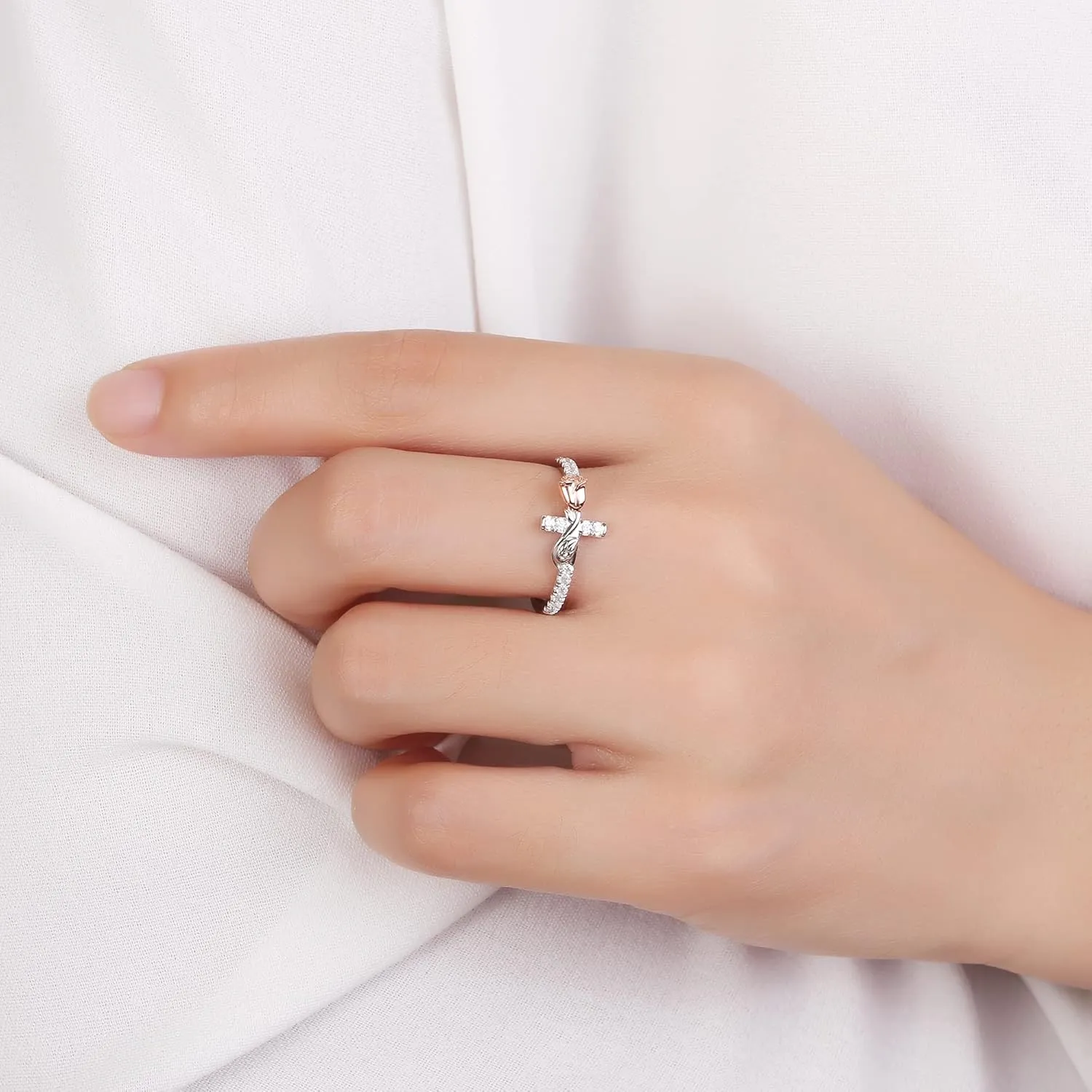 Sterling Silver Rose Flower Sideways Cross Rings for Women: Cute Cross Ring for Women Wedding Stackable Band Rings - Valentine's Day Jewelry Gifts for Her
