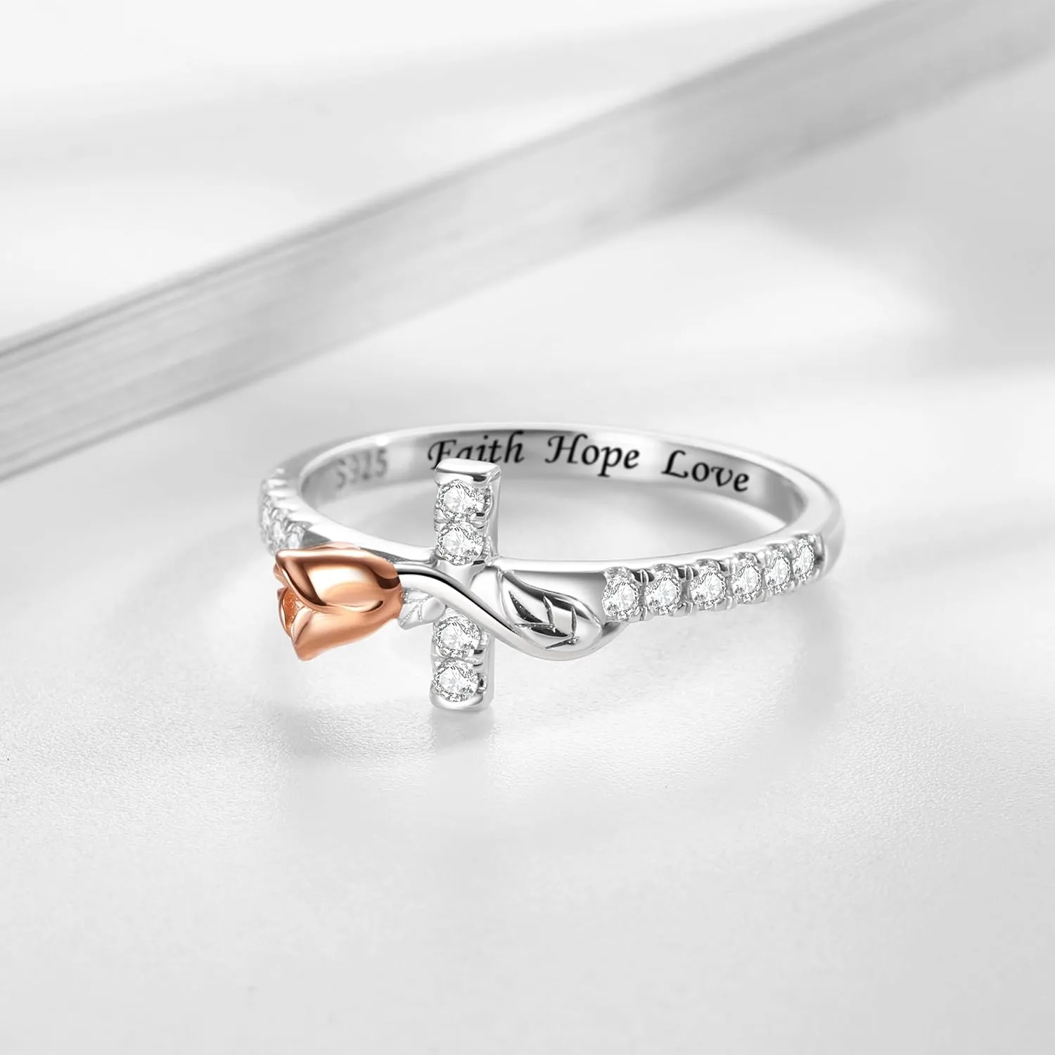 Sterling Silver Rose Flower Sideways Cross Rings for Women: Cute Cross Ring for Women Wedding Stackable Band Rings - Valentine's Day Jewelry Gifts for Her