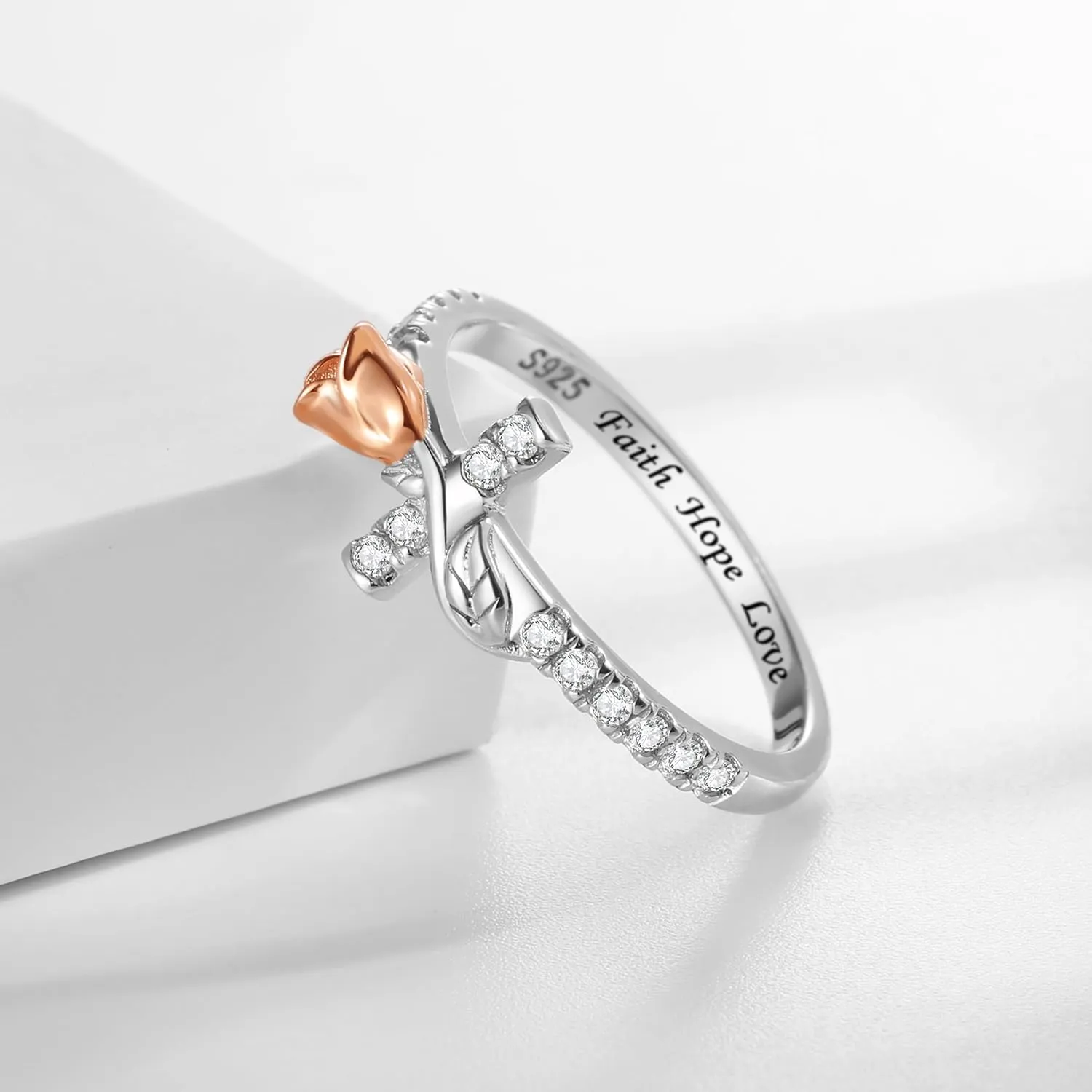 Sterling Silver Rose Flower Sideways Cross Rings for Women: Cute Cross Ring for Women Wedding Stackable Band Rings - Valentine's Day Jewelry Gifts for Her