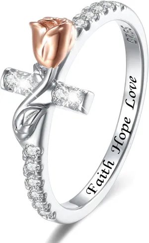 Sterling Silver Rose Flower Sideways Cross Rings for Women: Cute Cross Ring for Women Wedding Stackable Band Rings - Valentine's Day Jewelry Gifts for Her