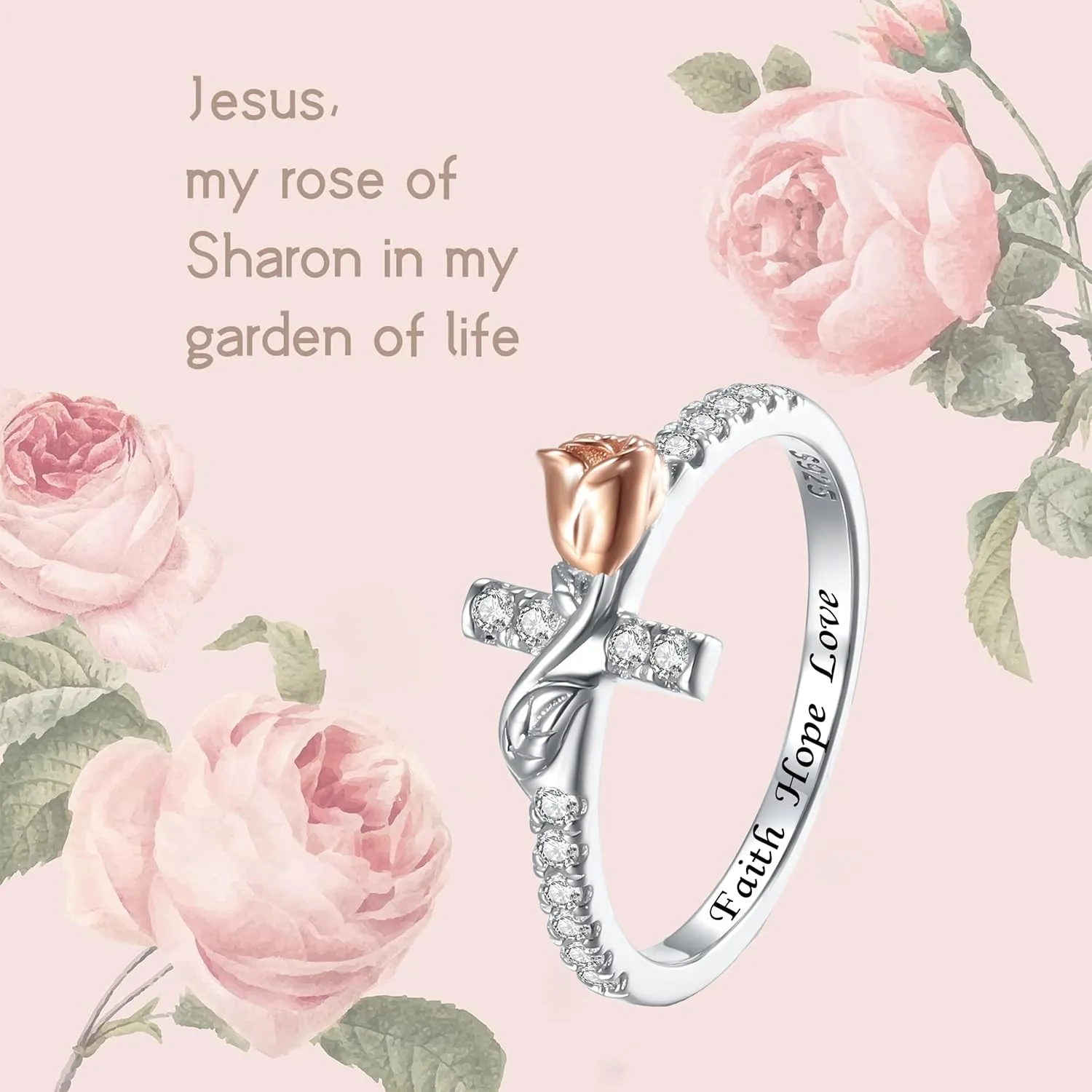 Sterling Silver Rose Flower Sideways Cross Rings for Women: Cute Cross Ring for Women Wedding Stackable Band Rings - Valentine's Day Jewelry Gifts for Her