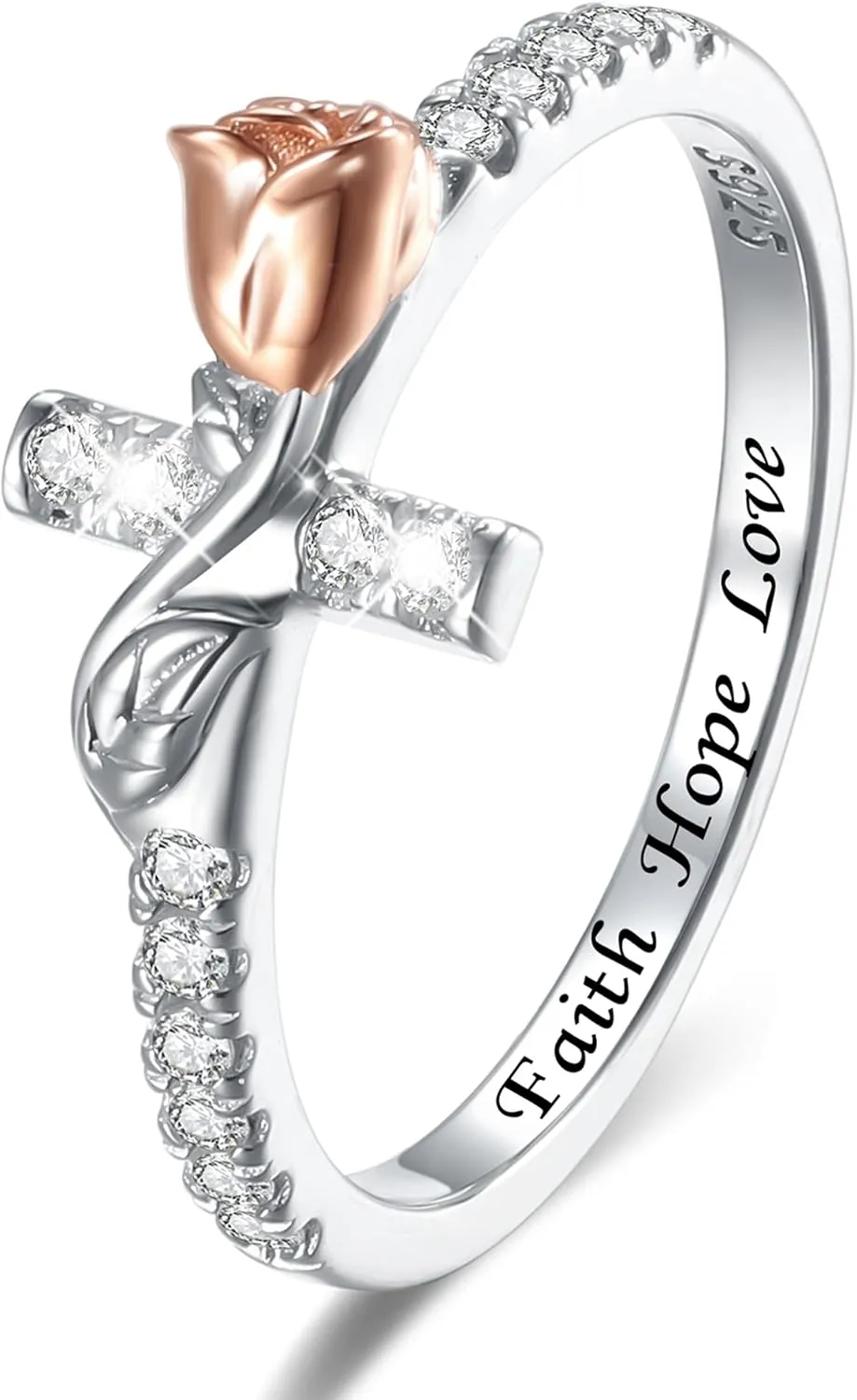 Sterling Silver Rose Flower Sideways Cross Rings for Women: Cute Cross Ring for Women Wedding Stackable Band Rings - Valentine's Day Jewelry Gifts for Her