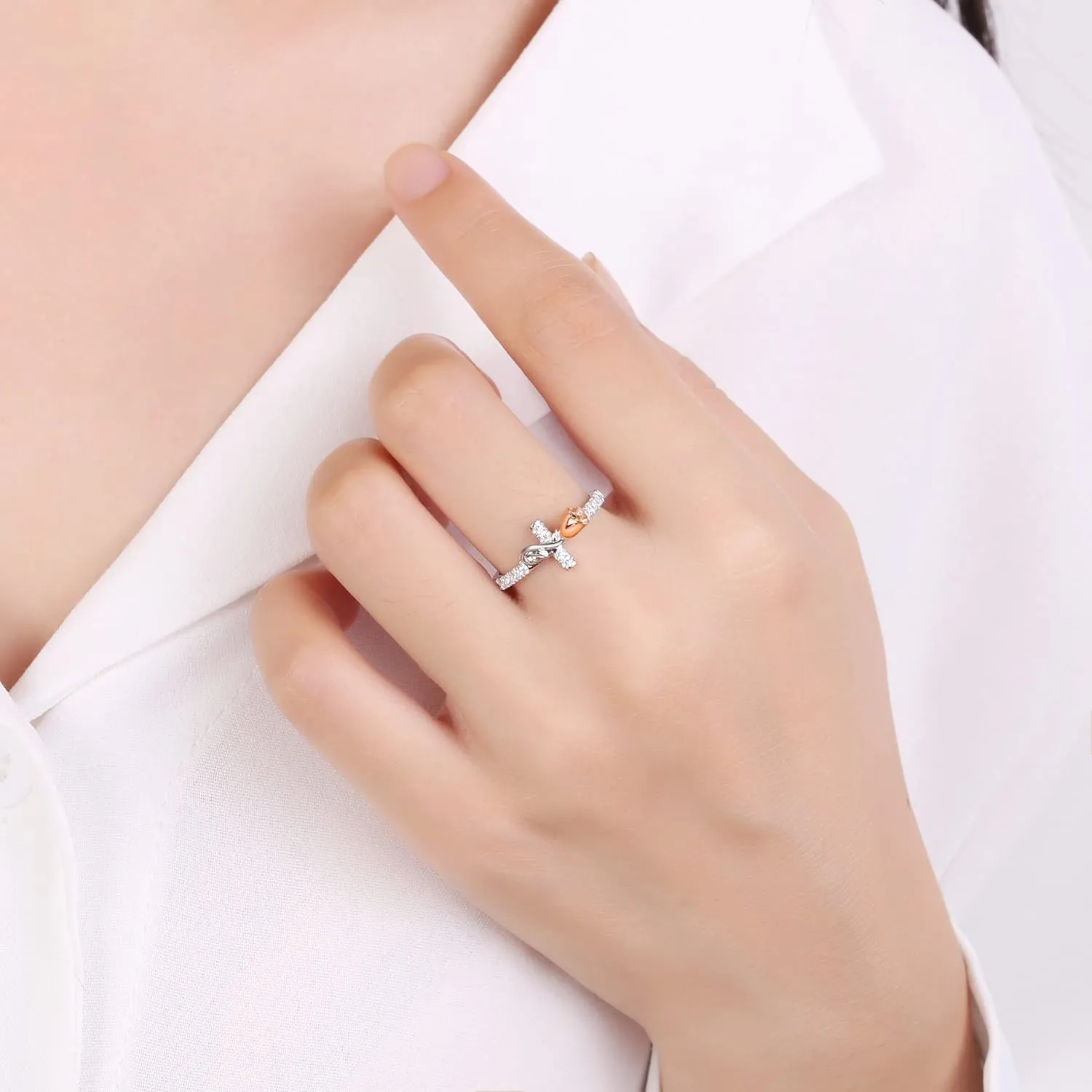 Sterling Silver Rose Flower Sideways Cross Rings for Women: Cute Cross Ring for Women Wedding Stackable Band Rings - Valentine's Day Jewelry Gifts for Her