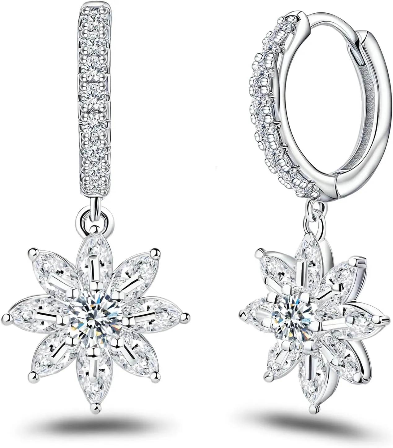 Sterling Silver Sparkling CZ Flower Dangle Hoop Earrings Dainty Small Crystal Daisy Flower Huggie Hoop Earrings Piercing Cartilage Jewelry for Women Wedding Birthday Party Gift Daughter Her